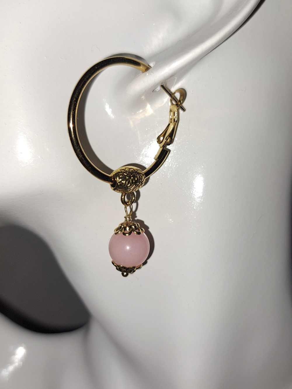 14K Gold Plated Stainless Steel Hoop Earrings with Pink Opal Dangle Beads